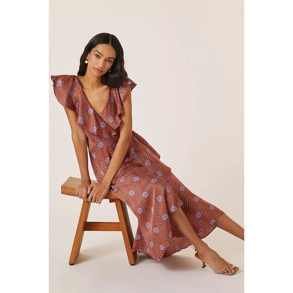 New Anthropologie Ruffle-Sleeve Printed-Wrap Maxi Dress Size XS - Picture 1 of 9
